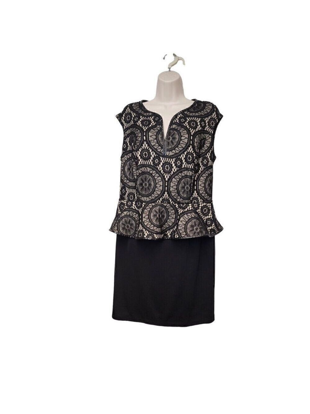 Enfocus Black Floral Lace Panel Back Zipper Sleeveless Stretch Peplum Dress 14W